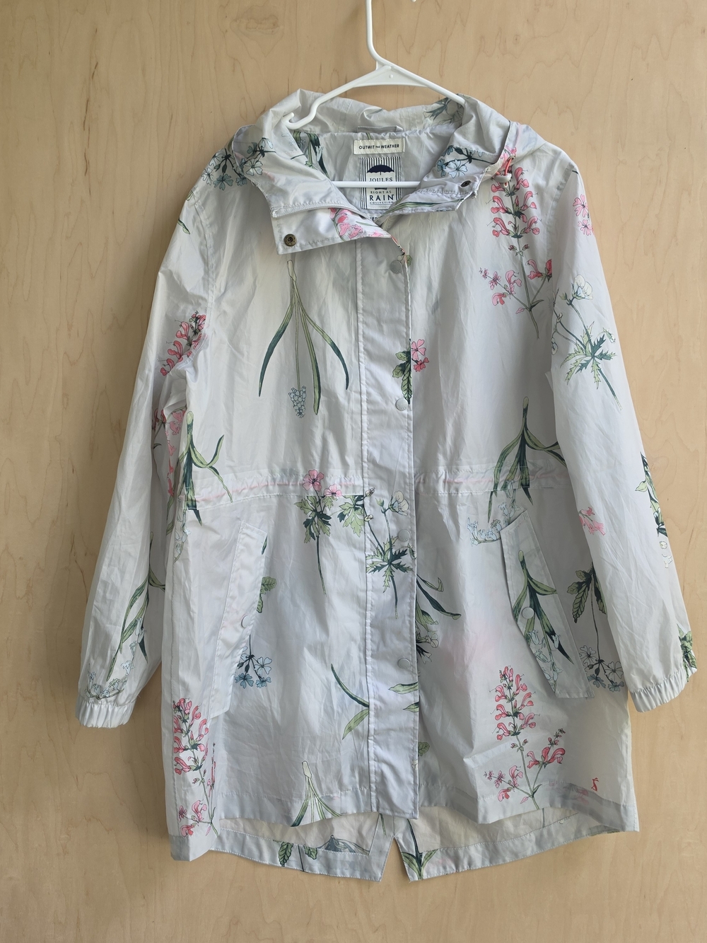 Joules Light Floral Hooded Raincoat - White with Pink & Green Floral Print